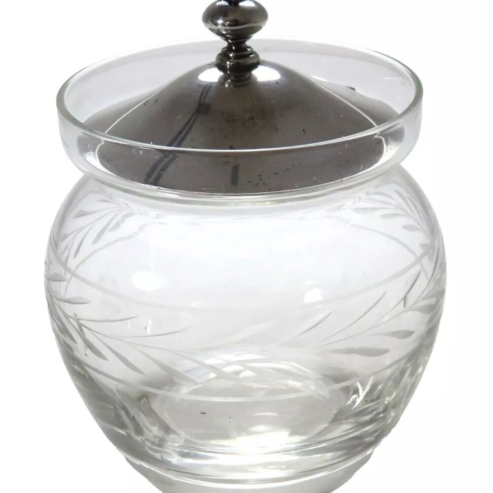 1950s Mid Century Etched Decorated Crystal & Sterling Silver Jam Jar